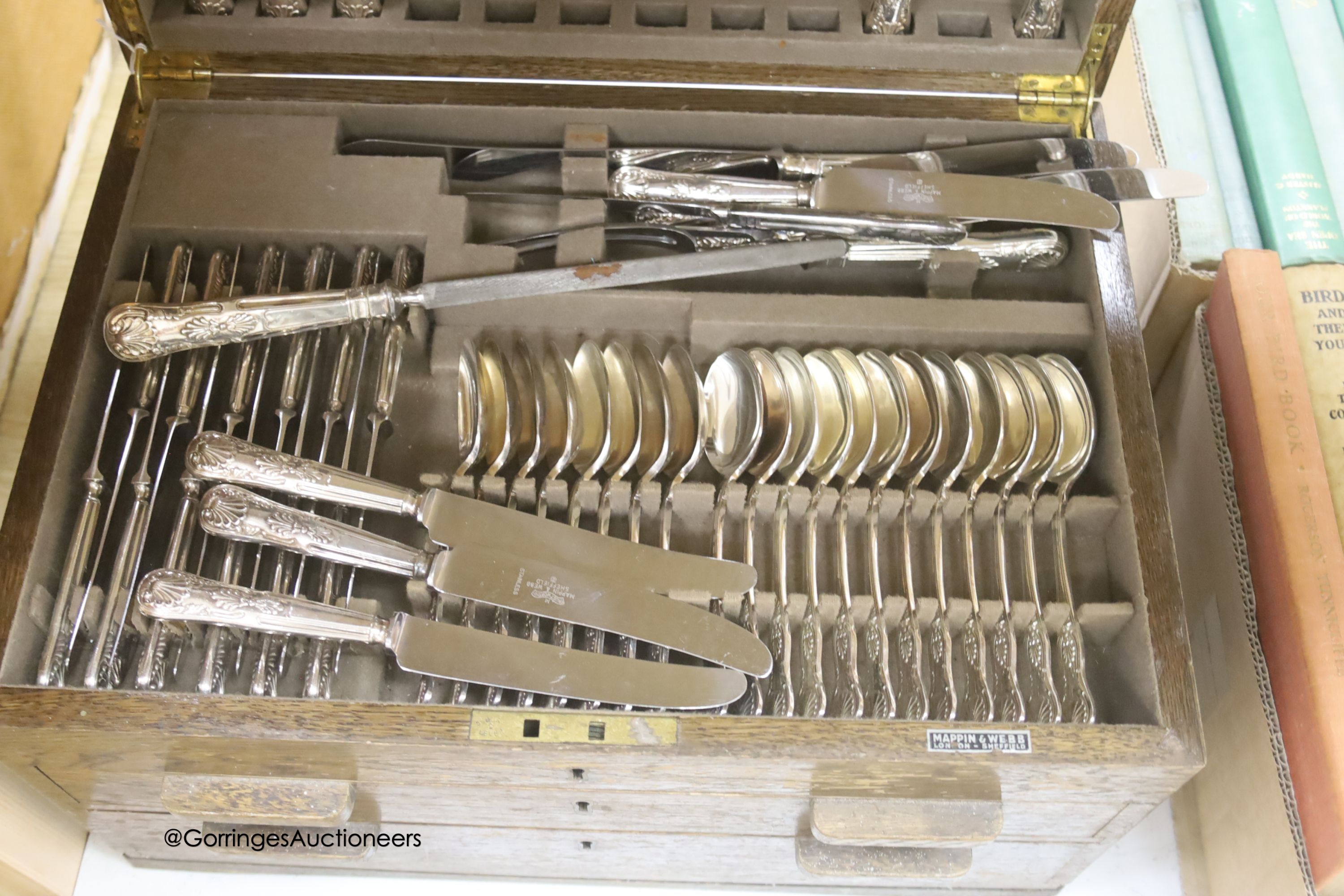 A Mappin and Webb canteen of silver plated Kings pattern cutlery, twelve place setting